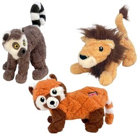 KONG Scampers Wildlife Plush Dog Toys – Variety 3-Pack Bundle (Red Panda, Lion, Lemur) – Soft & Durable with Low-Tone Squeaker – Great for Medium & Large Dogs