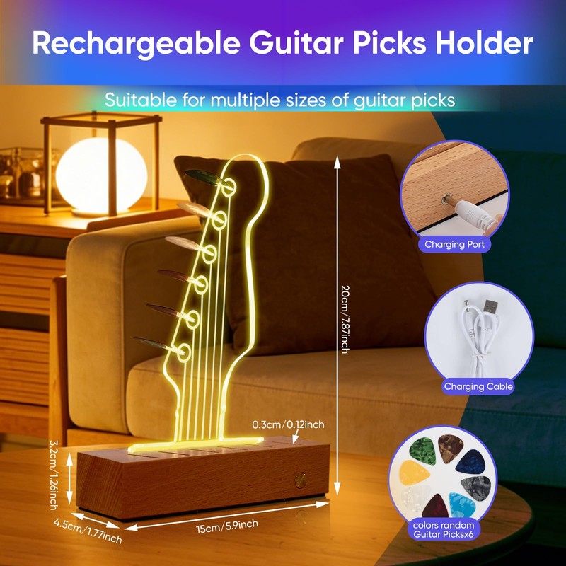 Light Up Guitar Pick Holder: Rechargeable Picks Display Case with
