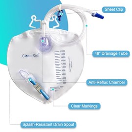 Bolsa de drenaje urinario con cámara antirreflujo, bolsa de drenaje de cabecera de 67.6 fl oz con tubo de drenaje de 48 pulgadas, gancho y clips, bolsa de orina con hebilla de metal para el hogar y hospitales, paquete de 5