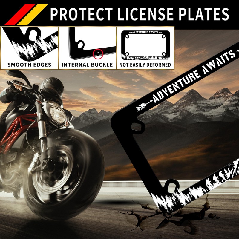 Motorcycle Adventure Awaits License Plate Frame Mountain Hiking Bear Stainless