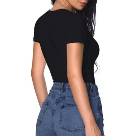 Shen&Qege Women's Short Sleeve Bodysuits Deep V Neck Stretchy Basic Bodysuit Tops Black