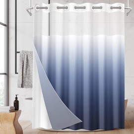 Nesphy No Hook Ombre Navy Blue Shower Curtain with Snap in Fabric Liner Set, Modern Design Double Layers Waterproof Fabric with See Through Top Window Open Grommet Bath Curtain 71x74 Inch