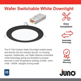 Juno LED Recessed Lights 6 Inch Round Wafer Downlight, 5-in-1 Switchable White Color Temperature, 120 Volts, 6-Inch Ultra-Thin Flat Trim, Matte Black, 6-Pack (WF6 SWW5 90CRI CP6 MB M2)