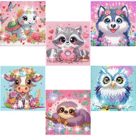 LKHMVCA 6 Pack Cartoon Diamond Painting Kits for Kids Beginners, Cute Animal DIY Diamond Art Kits for Kids, 5D Full Round Drill Big Gem Arts and Crafts, Home Wall Decoration 6x6 inch