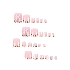 Leopard Print French Tip Press on Toenails Short Square Fake Toenails with Cute 3D Pink Bow Design Summer False Toenails Glossy Toenails Acrylic Full Cover Stick on Toenails for Women Manicure 24 pcs
