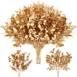 Lyrow 20 Pack Gold Artificial Plants for Christmas Decor Artificial Eucalyptus Leaves Spray Gold Leaves Artificial Flowers Gold Eucalyptus Stems Branch for Xmas Home Hotel Vase Filler Wedding Party
