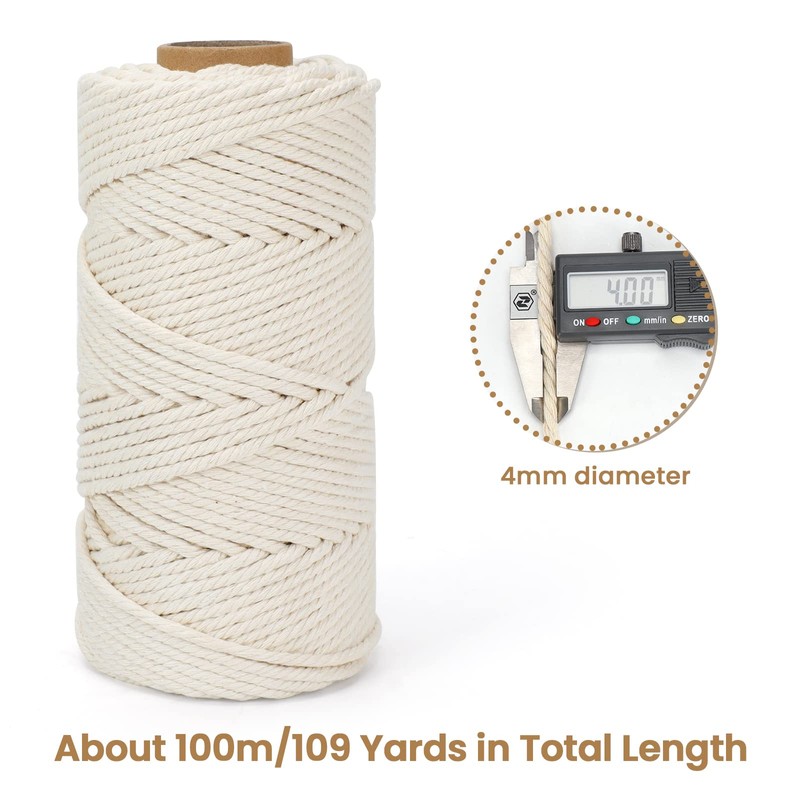 Macrame Cord 4mm x 109Yards (328Feet), Natural Cotton Macrame Rope