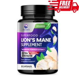 Nature's Peak Lions Mane Supplement Mushroom Capsules 10,000mg, Brain & Immune Health 60 Caps