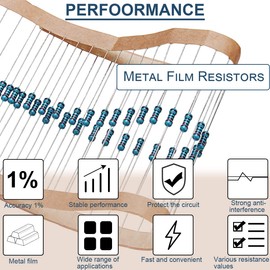 DAOKAI Metal Film Resistors, 600 Pieces, 30 Types of Resistor Set, 1/4W, 1ohm-10Mohm, 1% Tolerance, High Precision, Stable Performance, Basic Parts, DIY Electronic Structure