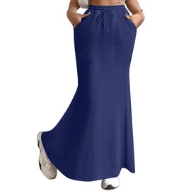 Avanova Women High Waisted Fishtail Skirt Drawstring Pocket Maxi Long Skirt Blue Small