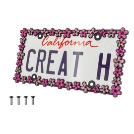 creathome Creathome 3D Shining Daisy Wrenth License Plate Frame from Pure Zinc Alloy Metal Perfect Plate Holder,Matt Black with Pink Glitter