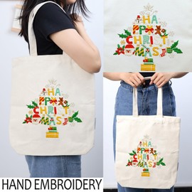 Canvas Tote Bag Embroidery Kit with Pattern for Beginners, Arts and DIY Embroidery Crafts Kits for Adults, Include Instructions, thimble, Embroidery Hoops, Color Threads and Tool (CR002 Christmas tree)