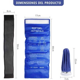 Mythya Compresas de Gel Frio Caliente Grande 5 EN 1, 2 Compresas de Gel Frio Caliente Grandes, Compresas Frio y Calor de 44x17cm con 2 Piezas Banda Ajustable y 1 bolsa de hielo, Compresas Calientes