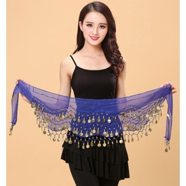 LERTREE 128 Gold-Coins Belly Dance Hip Scarfs Women Chiffon Belly Dance Waist Wraps Belt with Bead Tassel Wave Skirts (Chiffon, Sapphire blue)
