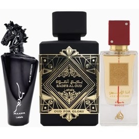Bade'e Al Oud for Glory, Maahir black & Ana abiyedh rouge EDP - Eau de Parfum 100ML (3.4oz) | Agarwood and Patchouli | Blend of Spicy Pepper and Classic | by Lattafa Perfumes
