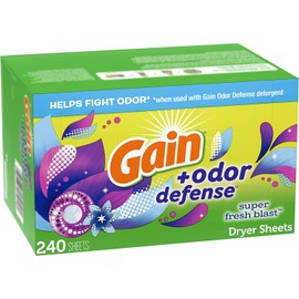 Gain + Odor Defense Dryer Sheets, Super Fresh Blast Scent Fabric Softener Sheets, 240 ct
