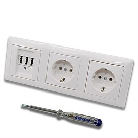 Busch Jäger Set Flush-Mounted Telephone Socket by EBROM, TAE 3x6 NFN for 1 Telephone and 2 Additional Devices in BalanceSi Alpine White, Frame and 2x Sockets 20EUC-914 Including EBROM Phase Tester for