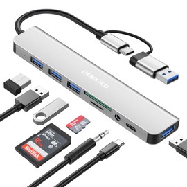 DEMKICO 8 in 1 USB C Hub, USB C Adapter with 4 USB Ports, SD/TF Card Reader, 3.5mm Headphone Jack, USB-C Data Port, Compatible with MacBook Pro/Air, XPS/Tablet/Smartphones and More