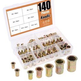 Keadic 140 Pieces Rivet Nut Metric Zinc Plated Carbon Steel Flat Head Threaded Insert Nutsert Assortment Kit - 7 Sizes：M3 M4 M5 M6 M8 M10 M12