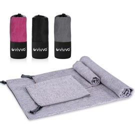 Vivva 3pc Microfibre Gym Towel Set Travel Camping Towel Fast Drying, Lightweight Super Absorbent Sports Fitness Towels for Bath, Face, Yoga, Beach, Outdoor (Grey)