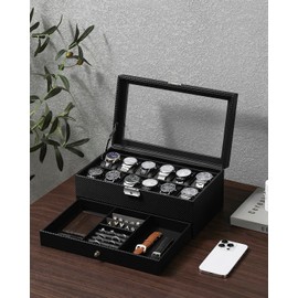 GUKA Watch Box, 12 Slot Watch Case, Watch Cases for men with Real Glass Lid, Synthetic Leather Watch Organizer storage with Jewelry Case, Birthday for Men and Women, Black, GK-012-BKCX