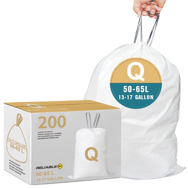 Code Q 200 Count Heavy Duty Trash Bags with Reinforced Drawstring for 13-17 Gallon/40-65 Liter | Reliable1st Compatible with simplehuman Code Q | Tear & Leak Resistant Garbage Liners
