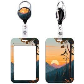 Cute Sunset Badge Reel with ID Holder Aesthetic School Teachers ID Badge Holder Work Heavy Duty Retractable Reel Clip for ID Badge Keys for Women Men Teens Girls Boys Nurses Staff(Mountain)