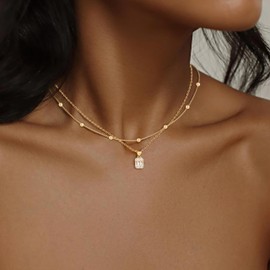 Diamond Necklaces for Women Non Tarnish, Dainty 14K Gold Stack Plated Choker Chain Double Pendant Diamond Necklace, Layered Trendy Simple Prom CZ Jewelry Sets Gifts for Women