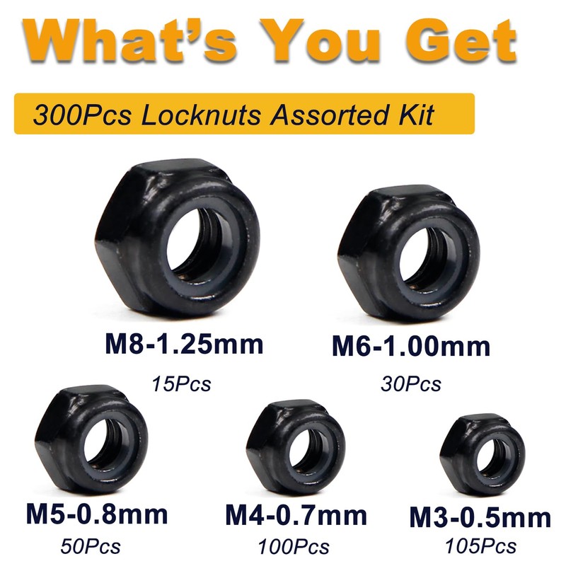 300pcs Locknuts Assortment Kit M3 M4 M5 M6 M8 Hex