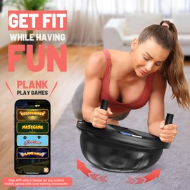 BODYRHYTHM 2 IN 1 Balance Ball & Plank Board Trainer with Free iOS/Android App & 4 Free Games for Full Body Workout - Half Exercise Yoga Ball Trainer with 2 Bands & Pump for Strength Training (Black)