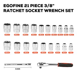 Egofine 21pcs 3/8 Inch Ratchet Socket Wrench Set, Drive Socket Set with 19 Sockets, 6-24mm sockets and 2 Way Quick Released Ratchet Handle and Extension Bar