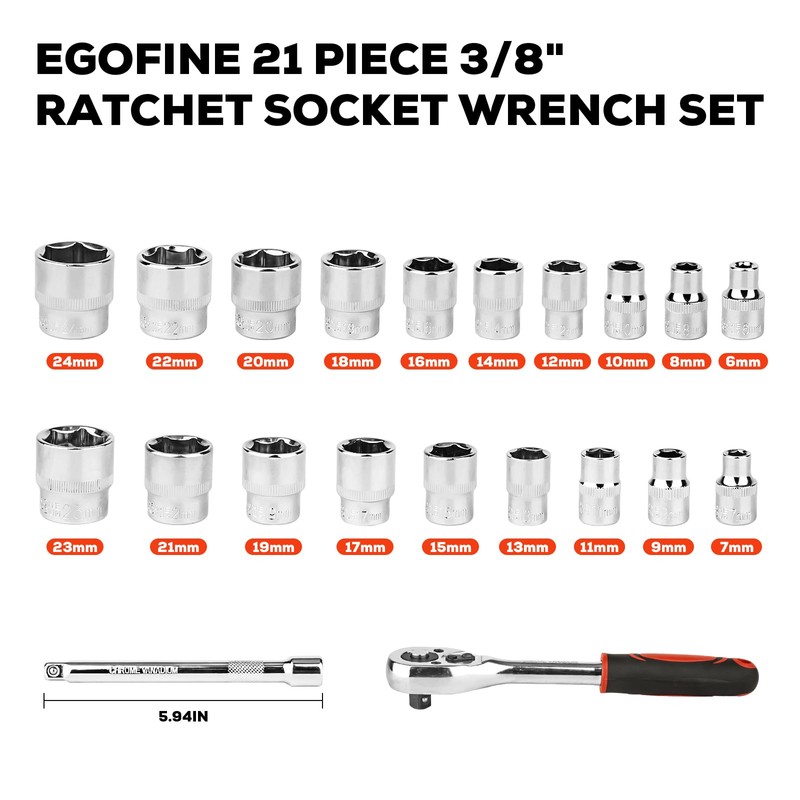 Egofine 21pcs 3/8 Inch Ratchet Socket Wrench Set, Drive Socket