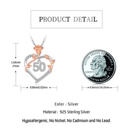 JUSTKIDSTOY 50th Birthday Gifts for Women/ 50 Years Old Birthday Gifts for Women 925 Sterling Silver Love Heart Rose Flower Pendant Necklace for Wife Parents Mothers Day Anniversary Christmas Jewelry