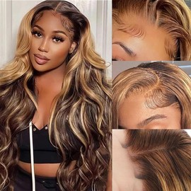Smilenice 210% Density 13x6 Highlight Ombre Full Lace Frontal Wigs Human Hair 12A Body Wave Brazilian Human Hair Pre Plucked 4/27 Honey Blonde HD Glueless Transparent Lace with Baby Hair 26 Inch