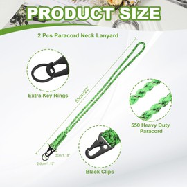 YELARXI Paracord Lanyard, 550 Keychain Lanyard Heavy Duty Necklace Keychains Braided Wrist Strap for Men Women Outdoor Activity Survival Keys Whistle Rope ID Badges (2 Pack, Grass Green)