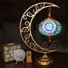 COMMODA Stunning Handmade Moon Shape Turkish Moroccan Mosaic Glass Table Desk Bedside Lamp Light Bronze Base Unique Table Lamp Room Decoration (Blue)