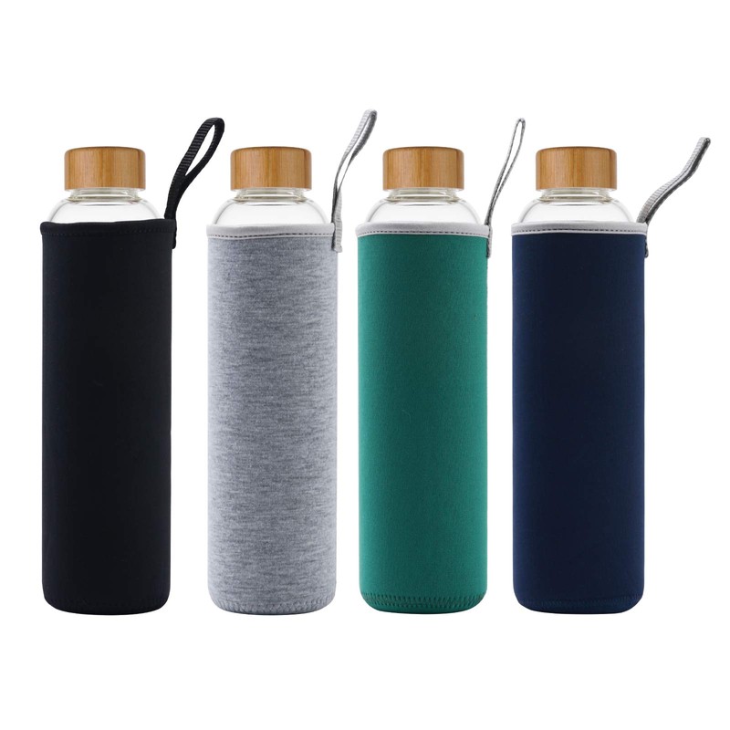 sunkey 32 oz Glass Water Bottle with Time Marker Bamboo
