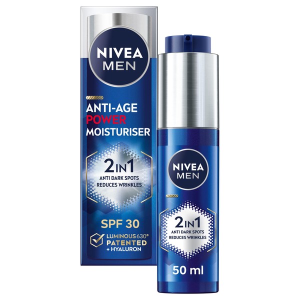 NIVEA MEN Anti-Age 2in1 Power Moisturiser (50ml), With SPF 30, Luminous 630, and Hyaluronic Acid for Sun Protection, Dark Spot Prevention, and Younger-Looking Skin