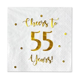 Cheers to 55 Years Cocktail Napkins | Happy 55th Birthday Decorations for Men and Women and Wedding Anniversary Party Decorations | 50-Pack 3-Ply Napkins | 5 x 5 inch folded (White)
