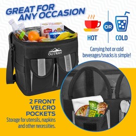 Black Padded Insulated Cooler – 30 Can Capacity - Soft Collapsible Leak Proof Tote for Camping, Picnics and Travel – Large Main Compartment, 2 Front Pouches, Handle and Shoulder Strap - Outrav