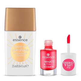 essence - Pack 2 en 1: Gotas Bronceadoras DROP OF Sunshine 25 ml + Tinte para Labios y Mejillas WHAT A TINT! 4.9 ml, Maquillaje Natural, Hidratación y Larga Duración (Coral Sunset)