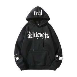 SOLY HUX Men's Y2k Hoodies Pullover Drop Shoulder Long Sleeve Baggy Shirts Letter Graphic Hooded Sweatshirt Black Letter Large