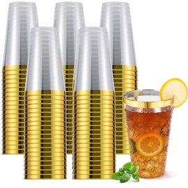 YOUTHSHIP 300 Pcs 16 Once Disposable Gold Rimmed Plastic Cups Heavy Duty Elegant Fancy Disposable Hard Plastic Cups With Gold Rim For Wedding Parties Festivals Christmas Gathing