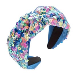 Wide Sequined Headband, Knotted Design, Rainbow Multi-Color, Padded Hair Accessory