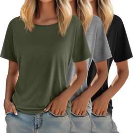 Riyiper 3 Pack Women's Crewneck Tshirts, Casual Summer Loose Tees Basic Short Sleeve Tops Classic Plain Tees Tops for Ladies (Black, Army Green, Light Heather Gray,X-Large)