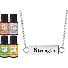 Wild Essentials Strength Essential Oil Diffuser Bar Necklace Gift Set Aromatherapy Pendant, 24 inch Stainless Steel Chain, 12 Color Refill Pads and Pure Oils: Lavender, Peppermint, Lemongras, Orange