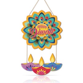 LHIUEM Happy Diwali Wood Signs Diwali Party Games Wall Decor Set of 2(10“X20”)Lotus Hangings Decoration Indian Happy Diwali Banner Wooden Decor Diwali Decorations for Home Housewarming Indian Garland