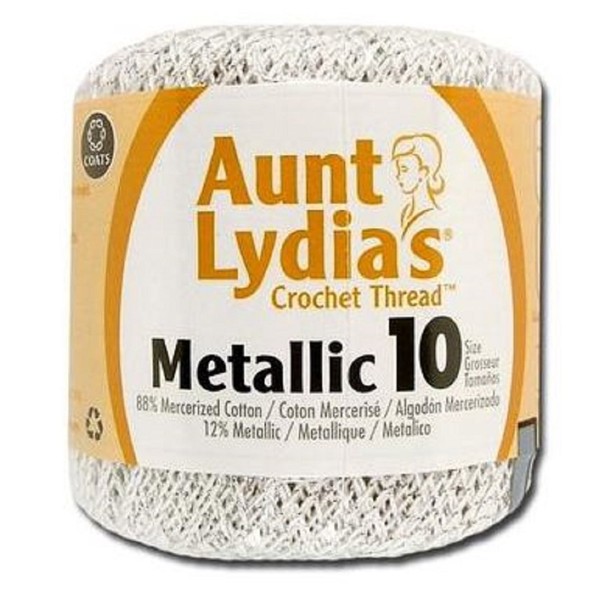 Aunt Lydia's Hilo de ganchillo metálico de algodón de ganchillo tamaño 10 (paquete de 2) (blanco/plata)