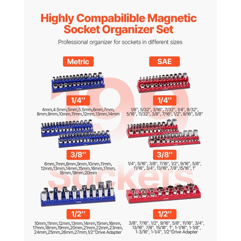 VEVOR Magnetic Socket Organizer Set, 8PCS Socket Holder, 1/4'', 3/8''
