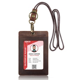 Boshiho Leather ID Card Holder Vertical Style Genuine Cowhide Credit Card Holder Stretchy Lanyard and Pen Holder for Office (Blue-2)